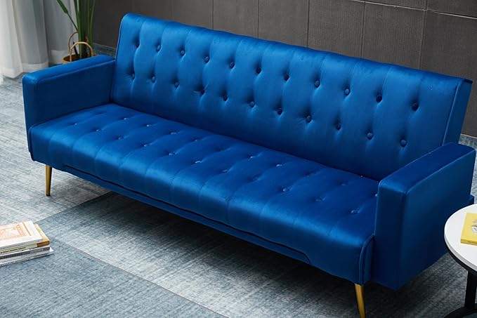 Eafurn Convertible Futon Sofa Bed, 75″Velvet Fabric Futons Loveseat Couch with Adjustable Backrest, Folding Sleeper Recliner Daybed for Living Room Furniture | Golden Legs, Wood Frame