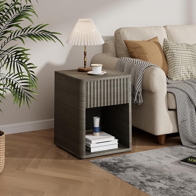 VICITON Fluted Narrow Night Stand,Thin Nightstand with Leather Surface, Small End Table with Storage, Living Room/Bed Side Table for Small Spaces (Gray, Large)