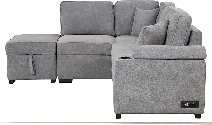 ERYE 84-Inch Left Facing Corner Sleeper Sectional Sofa with Pull Out Sleeper Couch Bed and Storage Ottoman,L-Shaped Corner Convertible Sofa Bed W/Cupholder & Padded Armrests | USB Charging Ports, 3-pin Plug Socket