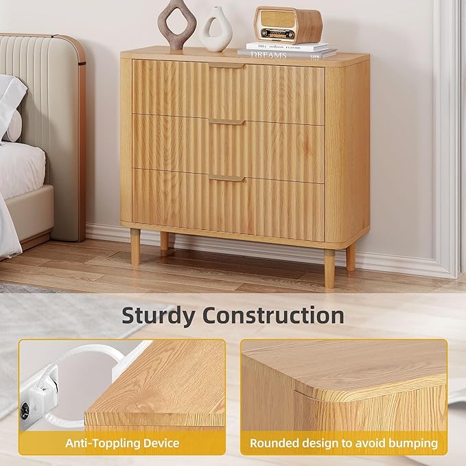 DWVO 3 Fluted Drawer Dresser, 32.5 Wider Modern Dressers Chest of Drawers with Solid Wood Leg, Wood Storage Dresser Nightstand Organizer for Dorms, Flats, Living Rooms, Hallways, Natural Oak