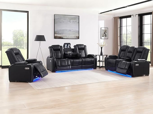 THSUPER Power Black Leather Recliner Sofa for Living Room Furniture Sets with Arm Storage and Power Headrest, Leather Living Room Reclining Couch Set with Wireless Charge and Bluetooth Speaker. | LED ambient light, Reading light, Hidden outlet, USB and...