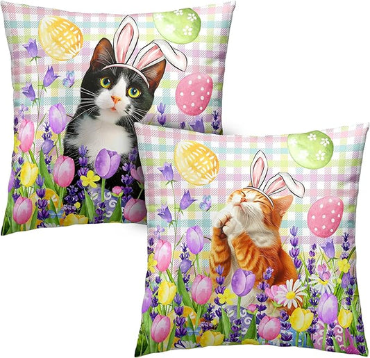 Spring Easter Pillow Covers 24x24 Set of 2 Lovely Cow Cat and Ginger Cat Wearing Bunny Ears Throw Pillow Covers Tulip Floral Pillow Case for Easter Decoration Sofa Patio Garden