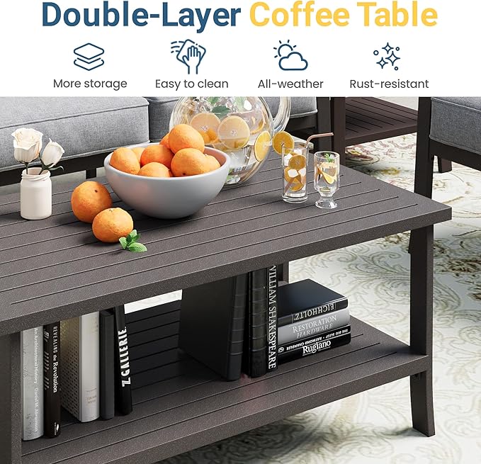 RoyalCraft Outdoor Patio Furniture Set, 7 Seats Outdoor Patio Set with 4" Thick Cushion, All-Weather Metal Patio Sofa with Coffee Table, Outdoor Sectional Furniture for Porch Backyard, Khaki&Grey