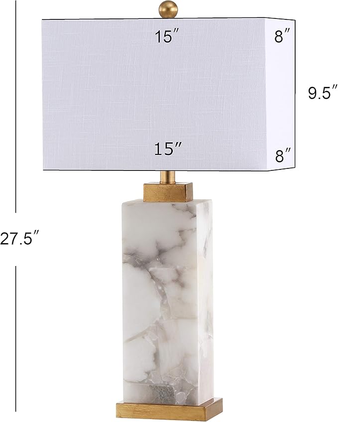 JONATHAN Y 27.5" White/Gold Modern Alabaster LED Table Lamp for Home Decor, White Linen Shade, Coastal Nightstand Lamp with Built-in Base Accent Light JYL6201A