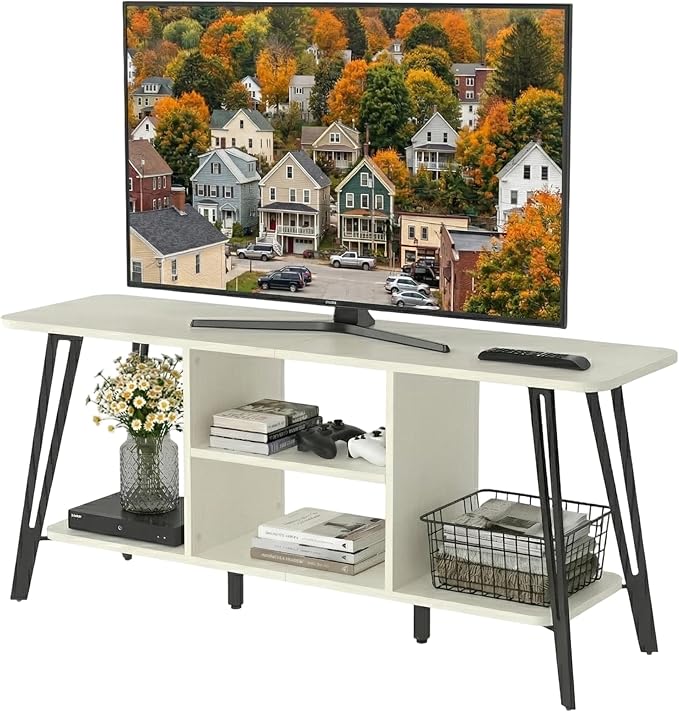 Manora TV Stand for TVs up to 55 Inch, Simple Modern Entertainment Center with 3 Tier Open Storage Shelves, TV Console Table for for Living Room, Bedroom, White