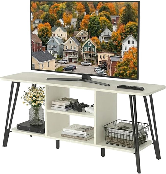 Manora TV Stand for TVs up to 55 Inch, Simple Modern Entertainment Center with 3 Tier Open Storage Shelves, TV Console Table for for Living Room, Bedroom, White