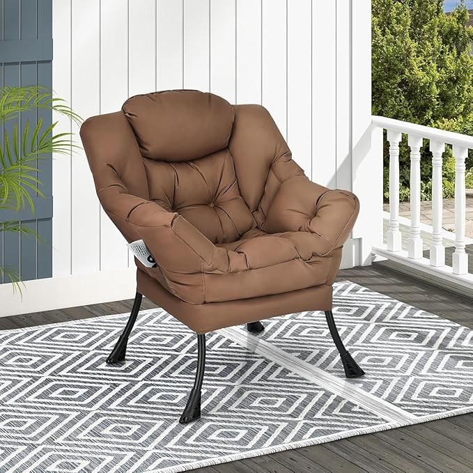 KOMFOTT Modern Accent Chair, Soft Upholstered Lazy Sofa with Side Pocket & Armrests, Single Sofa Armchair, Leisure Sofa Chair for Living Room, Bedroom, Brown