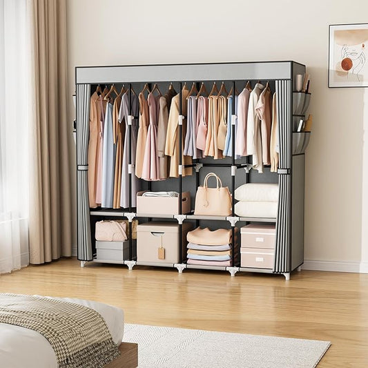 VTRIN Portable Closet for Hanging Clothes 67 Inch Wide Large Capacity Portable Wardrobe Closet with Cover, 4 Storage Shelves and 4 Hanging Rod Sturdy Free Standing Closet for Bedroom, Grey