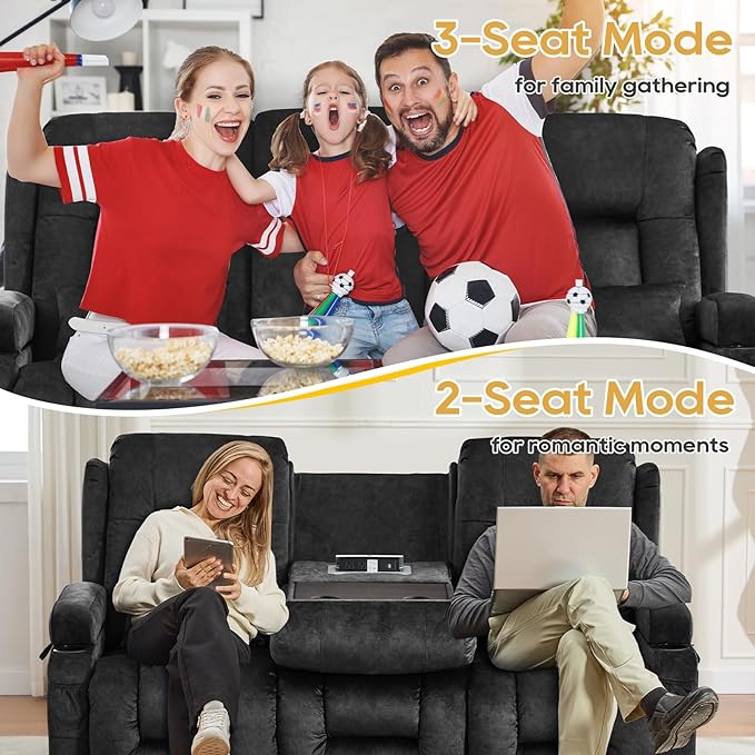 IPKIG Power Recliner Sofa with Flip-Up Backrest Console, USB & USB-C Ports, AC Outlet, LED Lights, Wall Hugger Recliners for Living Room, RV (Drak Grey, 76.8" - 3 Seat) | Velvet Fabirc, Zero Gravity, Dual Reclining, 2 Lumabr Pillow