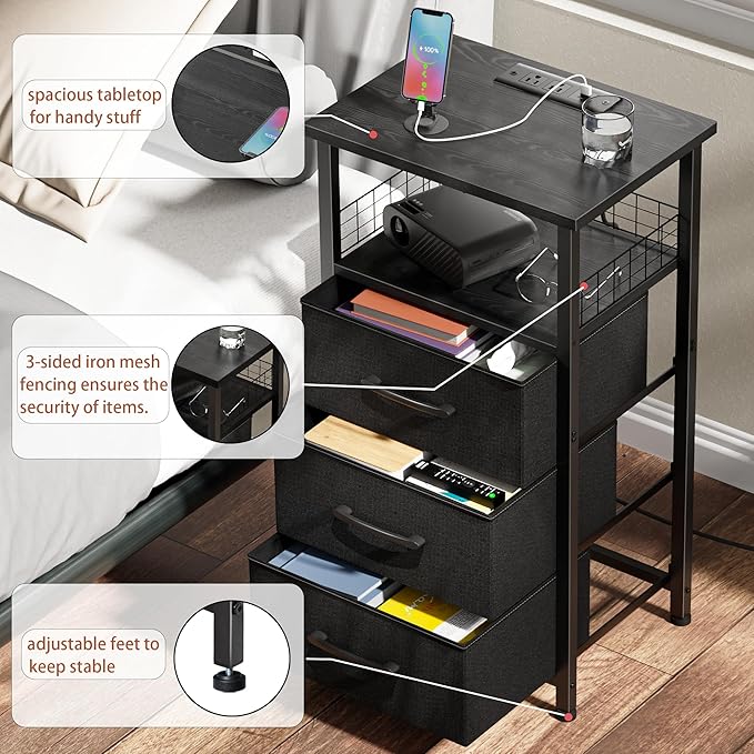 Night Stand Set 2 with Charging Station, End Table Set of 2 with 20 Colors LED Light Strip, 3 Fabric Drawers, Bedside Table with USB Ports and Outlets for Bedroom (Black)