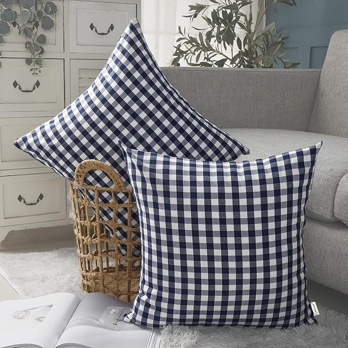 CARRIE HOME Navy Blue Plaid Outdoor Throw Pillow Covers 18x18 Set of 2 Blue and White Gingham Pillow Covers Farmhouse Decor for Bedroom and Christmas Holiday
