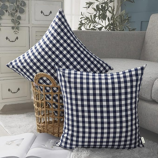 CARRIE HOME Navy Blue Plaid Outdoor Throw Pillow Covers 18x18 Set of 2 Blue and White Gingham Pillow Covers Farmhouse Decor for Bedroom and Christmas Holiday