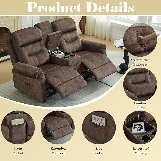 DRMBOOK RV Loveseat Recliner Sofa with Console, Velvet Fabric Double Wall Hugger Reclining Couch Manual Home Movie Seating 2 Person Recliner Chair with Cup Holders/Storage/Pocket/Lumbar Pillow, Brown