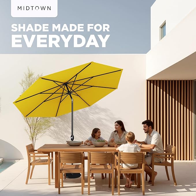 Midtown Umbrellas - 10-Year-No-Fade 10 Ft Patio Umbrella with Terylast Fabric, Auto-Tilt Aluminum Frame and 8 Reinforced Ribs for Deck, Pool, Garden & Beach - Sunflower Yellow Canopy, Black Pole