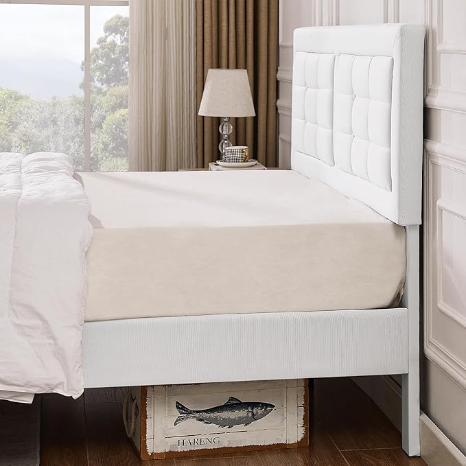 VECELO Queen Size Bed Frame with Adjustable Headboard, Upholstered Button Tufted Platform Bedframe with Wood Slats Support, No Box Spring Needed, Linen & White