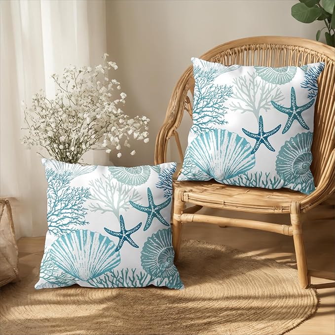 Nautical Coastal Blue Throw Pillow Covers 16x16 Set of 2 Summer Turquoise Teal Beach Outdoor Pillow Cover Coral Seashell Starfish Ocean Decorative Pillow Cases for Living Room Couch Sofa