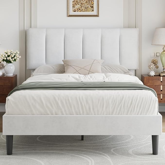 VECELO Full Bed Frame with Upholstered Headboard, Heavy-Duty Platform Bedframe with Strong Wooden Slats Support, No Boxing Spring Needed, Pure White