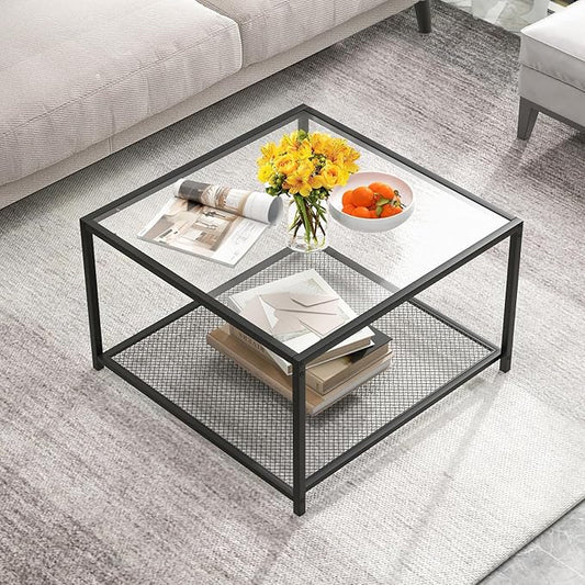 Giantex 27.5" Square Coffee Table - Tempered Glass Center Table w/Bottom Storage Shelf & Metal Frame, Modern Accent Table for Small Space, Living Room, Home, Office (2-Tier, Transparent)