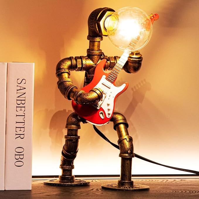 Music Guitar Table Lamp Art Decor ，Steampunk Table Lamp,Retro Guitars Steampunk lamp,Cool Industrial Metal Tube Robot Lamp Guitar Stuff Present for Men Music Lovers