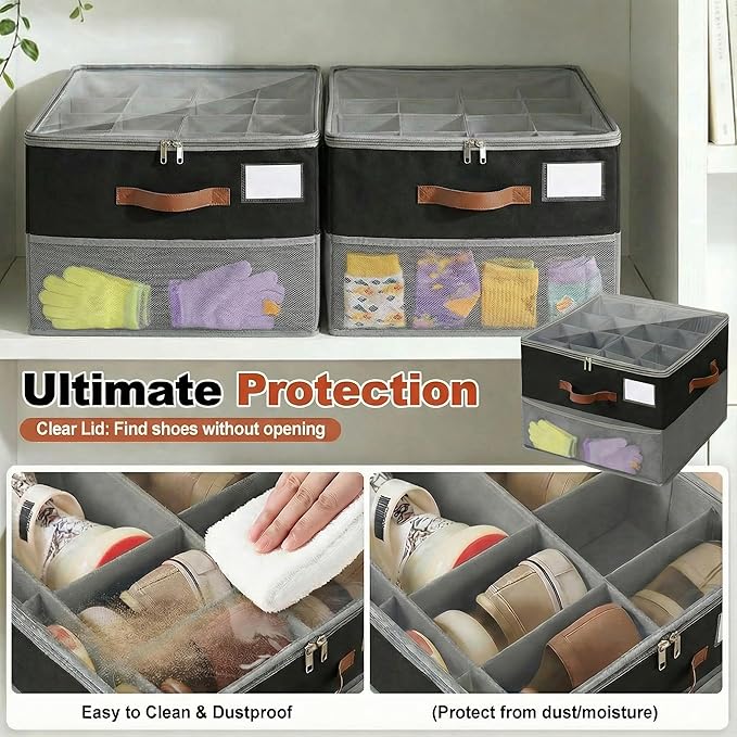 Shoe Organizer for Closet, Foldable Shoe Rack with Clear Cover, Adjustable Dividers for 16 Pairs, Storage Cubby for Wardrobe, Grey & Black