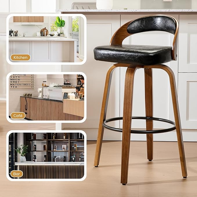 Swivel Bar Stools Set of 6, 30.15" Counter Height Bar Stools for Kitchen Island, Black Barstool Upholstered Faux Leather & Solid Wood Legs, Mid Century Modern Bar Chairs