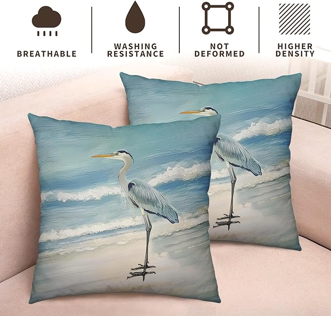 Beach Blue Pillow Covers Nautical Coastal Heron Throw Pillow Covers 16x16 Set of 2 Summer Ocean Bird Decorative Pillow Cases Outdoor Cushion Cover for Bed Sofa Couch Patio