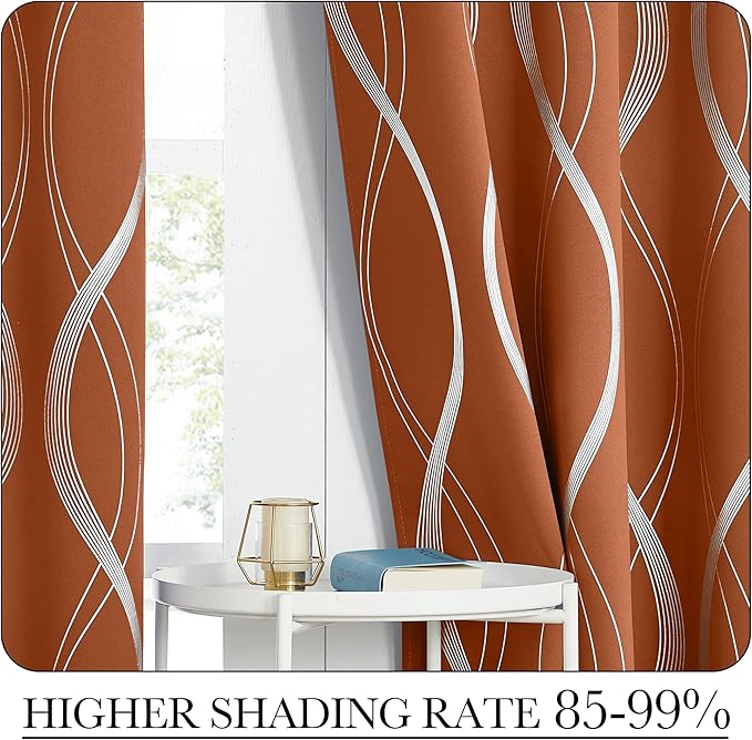 NICETOWN Burnt Orange Fall Blackout Curtain Panels for Cafe, W52 x L63 inch, Thermal Insulated Wave Line Foil Printed Design Drapes for Glass Window, 2 Panels
