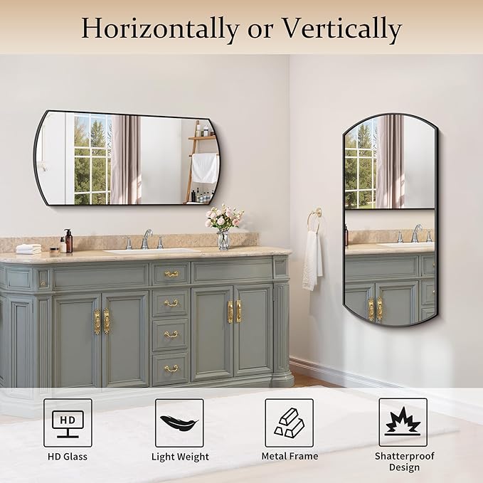 Bathroom Mirror, 20x40 Inch Black Oval Wall Mounted Mirror with Thin Metal Frame, Modern Bathroom Vanity Mirrors for Over Sink, Entryway, Living Room, Bedroom
