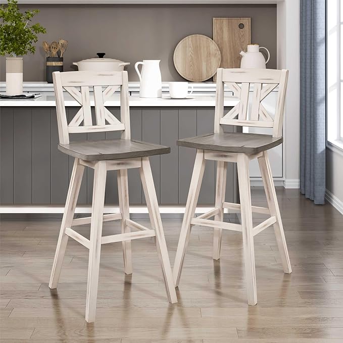 Lexicon Bar Height Bar Stools Set of 2-Solid Wood Frame 360° Swivel Wooden Stools, Foot Rest, KK Back, Wide Seat, Distressed Farmhouse Easy to Clean Finish, 28.5" SH, Antique White/Grey