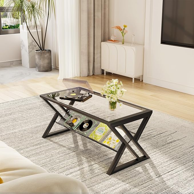 Glass Coffee Table Living Room Table with Storage Shelf, Black Glass Table Simple Modern Rectangular Tables with Sturdy Black Metal Frame,Industrial Glass Coffee Table for Bedroom Home Office