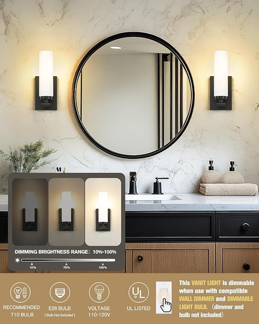 Emak Black Sconces Set of 2, Modern Wall Lights with Milk Glass Shade, Farmhouse Vanity Lights for Bathroom, Living Room, Bedroom, Gallery, WS086-BK-ML-2PK