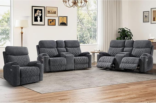 HAOMARKETS 3-Piece Recliner Sofa Set with Charging Port, Include Power Recliner Chair and 2 Electric 2-Seater Loveseat Reclining Couches with Hidden Storage and Cup Holders for Living Room, Dark Grey