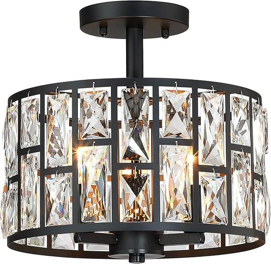 MEXO Farmhouse Crystal Round Semi Flush Mount Close to Ceiling Light Fixture, Drum Shade 3LT Ceiling Lamp for Kitchen Island Dinning Room Bedroom, Hallway Black Finish