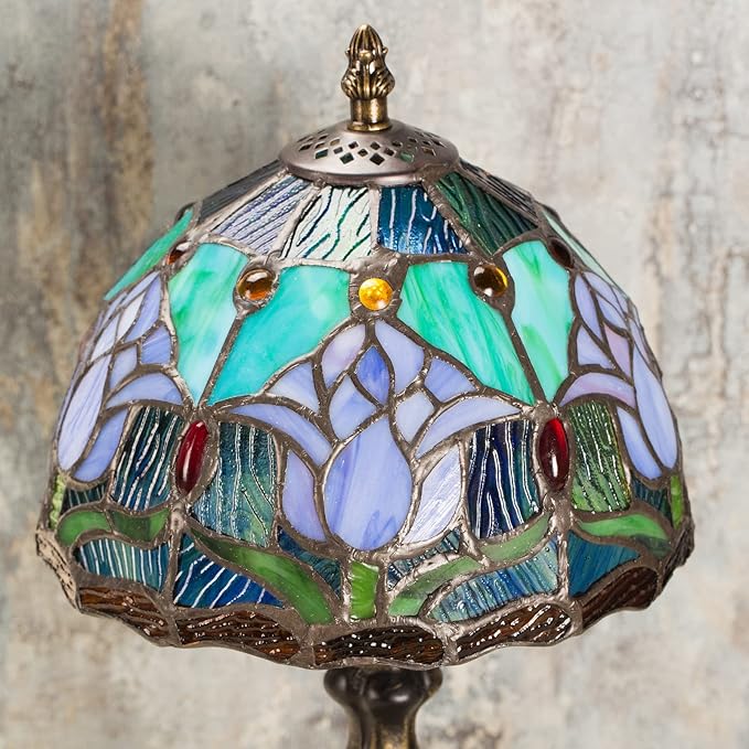 MIAOKE Stained Glass Table Lamp,Stained Glass Crystal Bead Style Table Light, Handmade Desk Bedside Night Light, Antique Art Craft Gifts Lover Living Room Bedroom Bookcase(Blue Tulips)