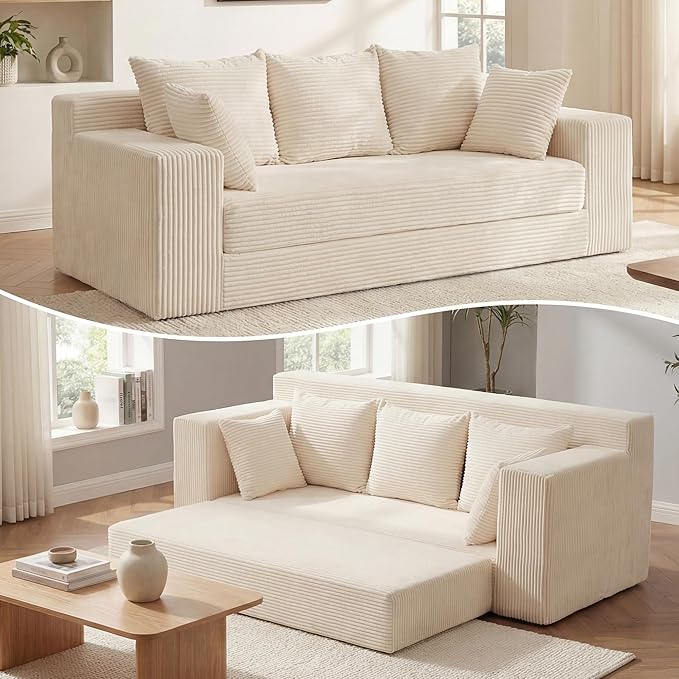 Convertible Sofa Bed, 5 in 1 Small Boneless Couch Pull Out Loveseat Sleeper Sofa,Corduroy Futon Couch Folding Mattress with 4 Pillows for Living Room (Beige, 3 Seater)