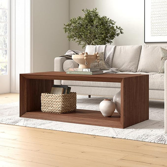 Henn&Hart 48" Rectangular Wood Coffee Table with Open Storage Shelf for Living Room, Family Room, or Office, Medium Walnut