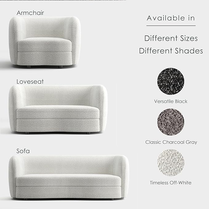 Furniture of America Nimiane Modern Boucle Sofa with Curved Arms and Wooden Legs, Comfy Fabric Upholstered 3 Seater Couch for Living Room, Bedroom, Home Office, Off-White