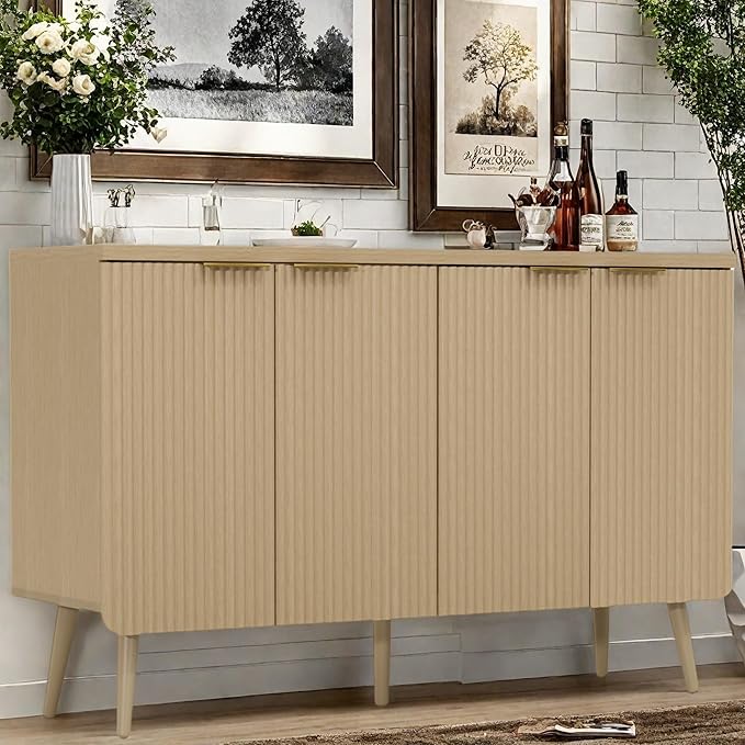 FONTOI Buffet Cabinet, Sideboard Fluted Cabinet Modern Kitchen Buffet Storage Cabinets with Doors and Shelves, Wood Farmhouse Coffee Bar Station for Entryway & Dining Room & Living Room, Natual Oak