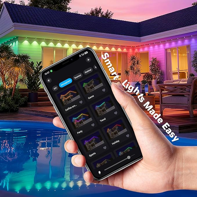50ft Permanent Outdoor Lights with 30 Bright LEDs, 120° Wide Beam RGBIC Smart Eave Lights, 16 Million Colors & Music Sync, IP67 Waterproof Year-Round Architectural Lighting for House Decor