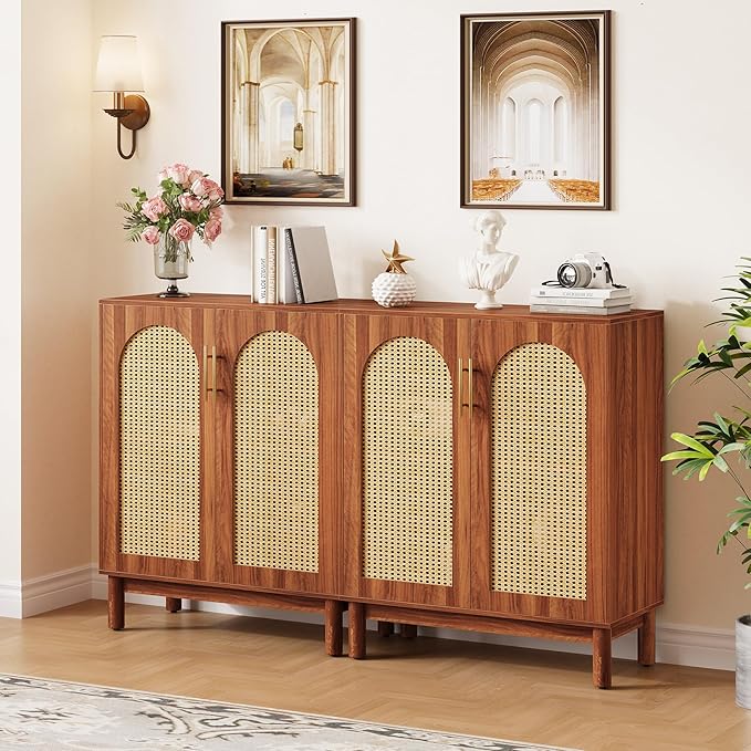 LITTLE TREE Sideboard Buffet Cabinet, Sideboard Cabinet with 4 Doors, 59-Inch Modern Credenza for Kitchen, Entryway, Living Room and Dining Room