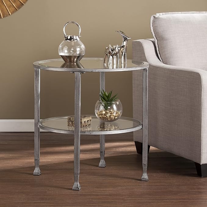 SEI Furniture Jaymes 24" Round Metal & Glass 2-Tier, End Table, Silver/Black Distressing