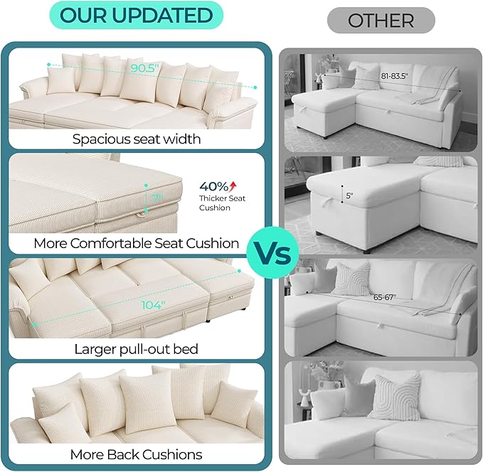 LINSY HOME Oversized Sectional Sleeper Sofa with Pull Out Couch Bed (Beige, 118.5'') | USB Charging, Pillow-style Armrest, Multiple Cushions, Storage Chaise, Corduroy Fabric