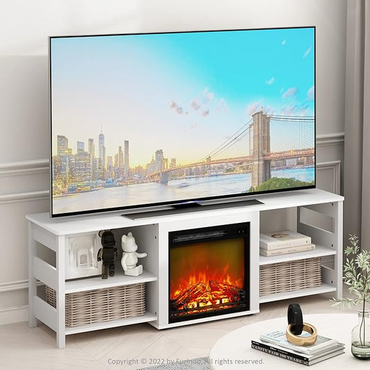Furinno Classic 70 Inch TV Stand with Fireplace, White Emboss