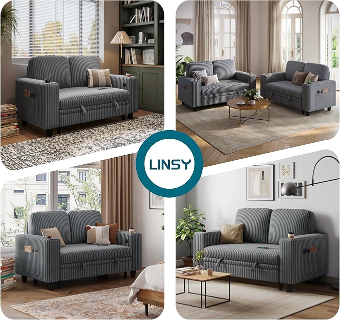 LINSY HOME Sectional Sleeper Sofa Pull Out Couches for Living Room (Grey, Pull Out Couch) | Pull Out Sofa Bed, Storage, USB Charging, Cup Holders, Plush Corduroy | Pull Out Sofa Bed, Storage, USB Charging, Cup Holders, Plush Corduroy