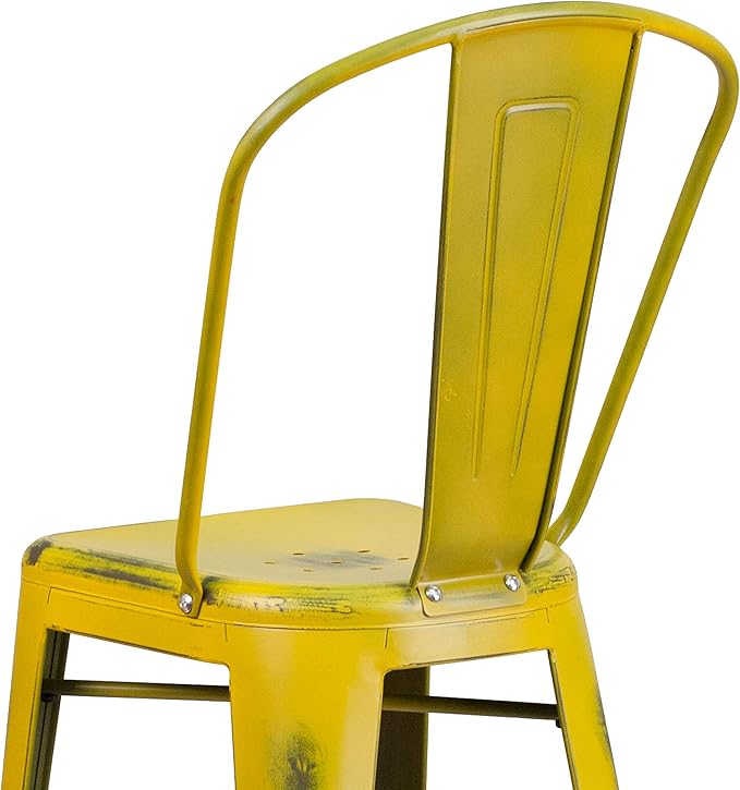 Flash Furniture Commercial Grade 30" High Distressed Yellow Metal Indoor-Outdoor Barstool with Back