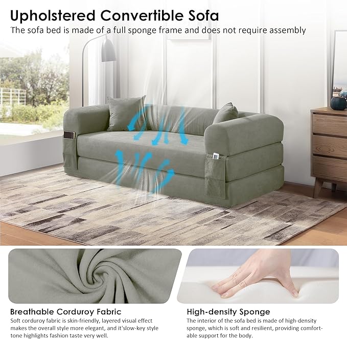 80" Convertible Sofa Bed, Corduroy Deep Seat Folding Pull Out Couch with Pillows, No Assembly Modern Boneless Couch Compression Sofa in Box, Floor Sofa with Storage Pocket for Living Room,Light Grey
