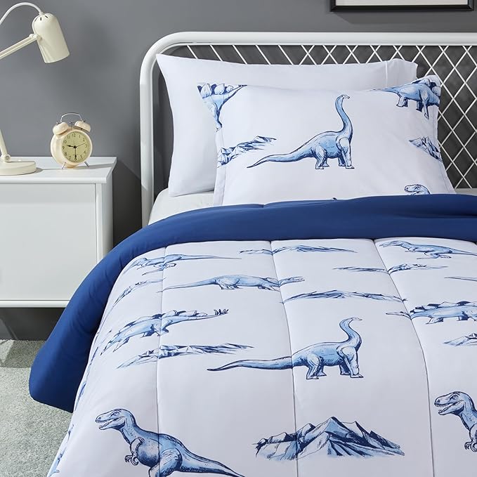 Amazon Basics 2-Piece Soft Microfiber Kid's Comforter and Pillow Sham Set, Twin, Dinosaurs, Animal Print