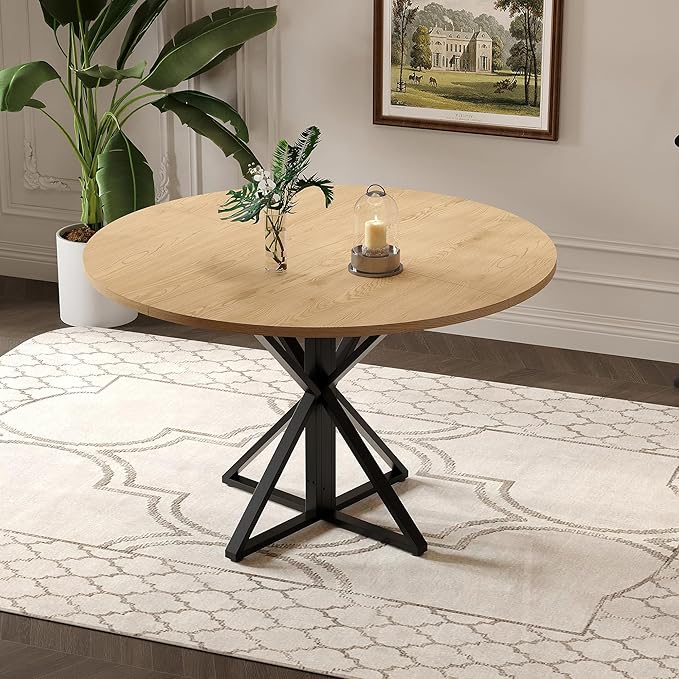 IDEALHOUSE 47 Inch Round Dining Table for 4, Farmhouse Kitchen Table with Metal K-Base, Oak Finish Circle Wood Table for Dining Room, Kitchen, Apartment & Living Room (Table Only)