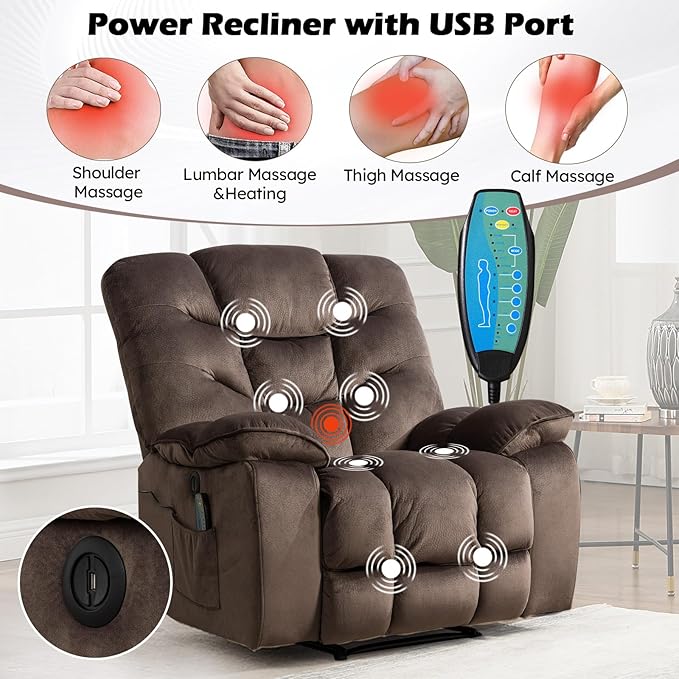 HAOMARKETS 2-Piece Recliner Sofa Couch Set, Include Single Power Electric Recliner Chair with Massage& Heat and 3-Seater Manual Reclining Sofa for Living Room Bedroom, Brown