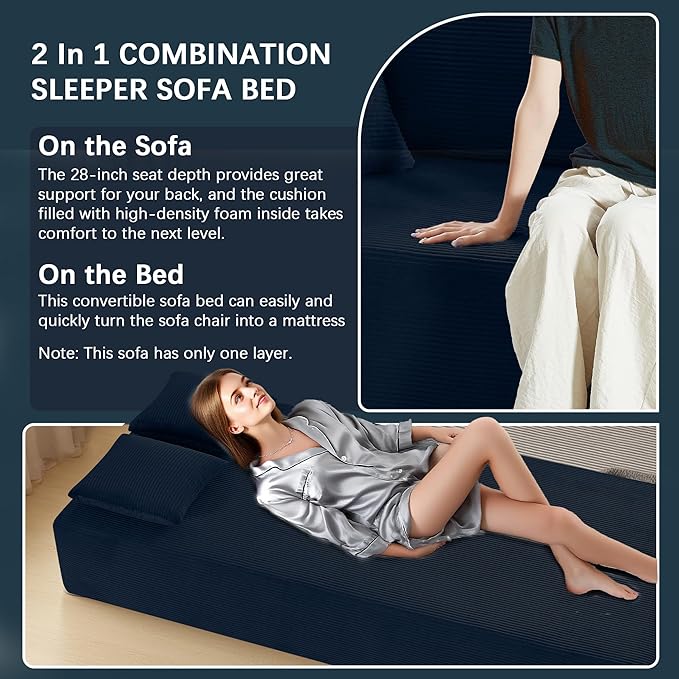83" Modern Sofa in a Box, No Assembly Oversized 3 Seater 28" Deep Seat Cloud Sofa Bed Couch with 4 Furry Pillows & Corduroy Fabric, Boneless Couch with Side Storage Pockets for Living Room, Navy Blue